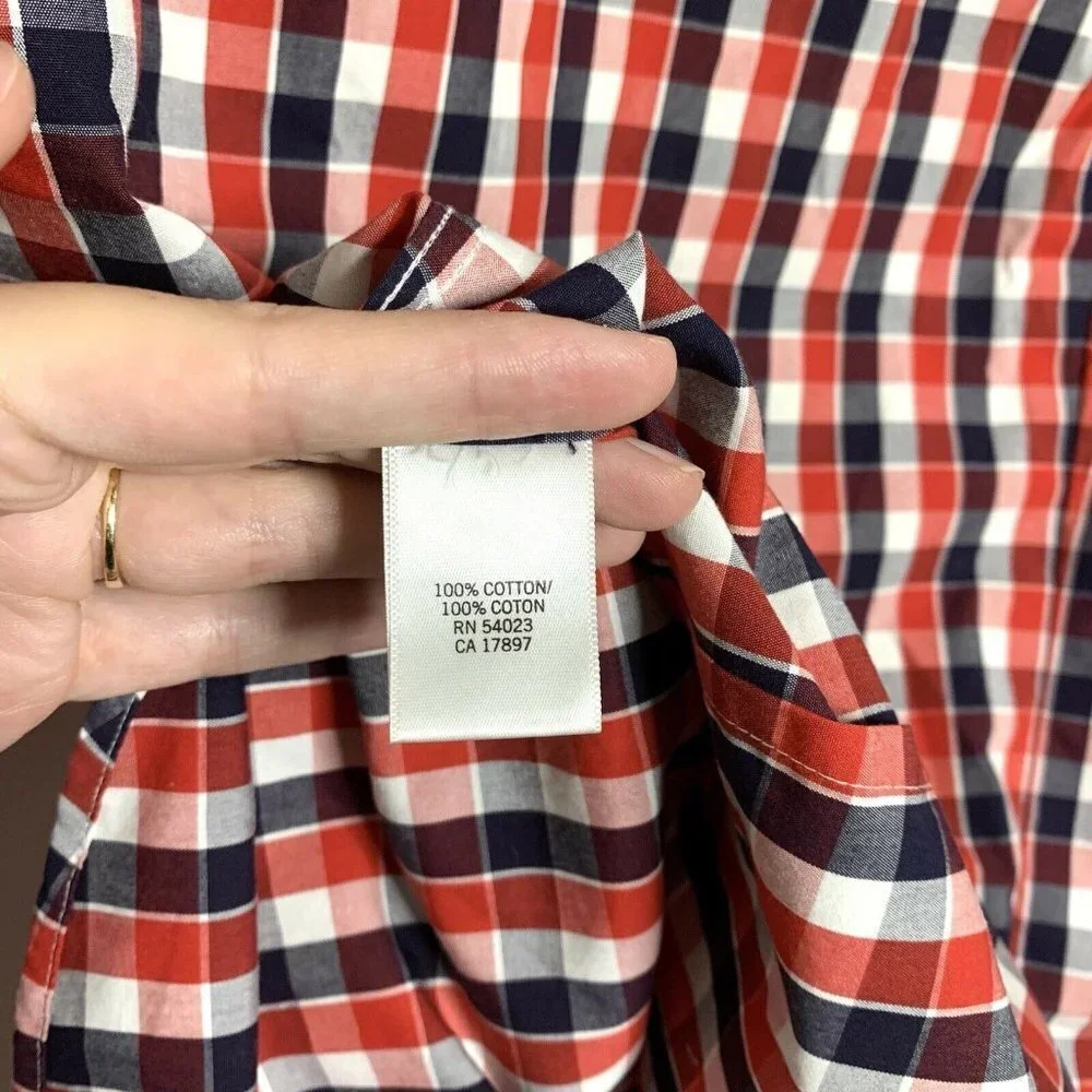 Banana Republic Mens Button Front Shirt Red Blue‎ White Plaid Non Iron Tailored